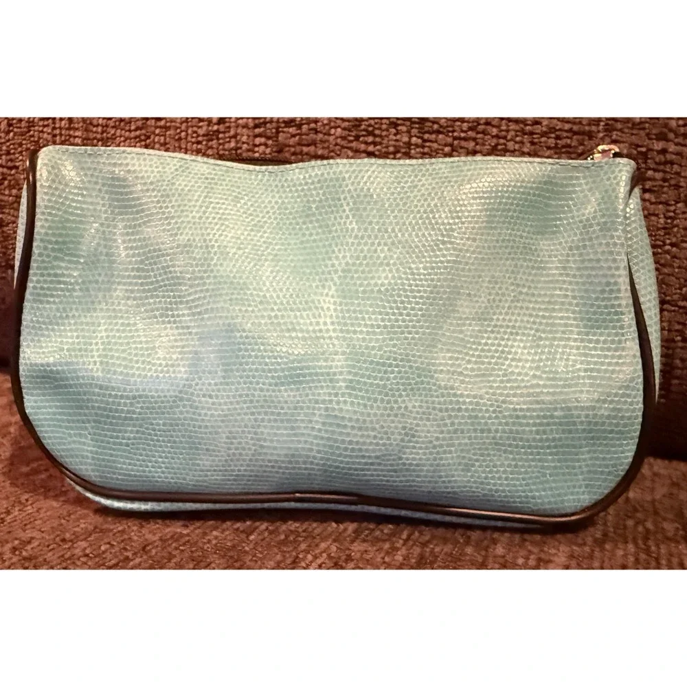 New LANCOME Cosmetic Bag Clutch Travel Bag Turquoise Snake Embossed Faux Leather